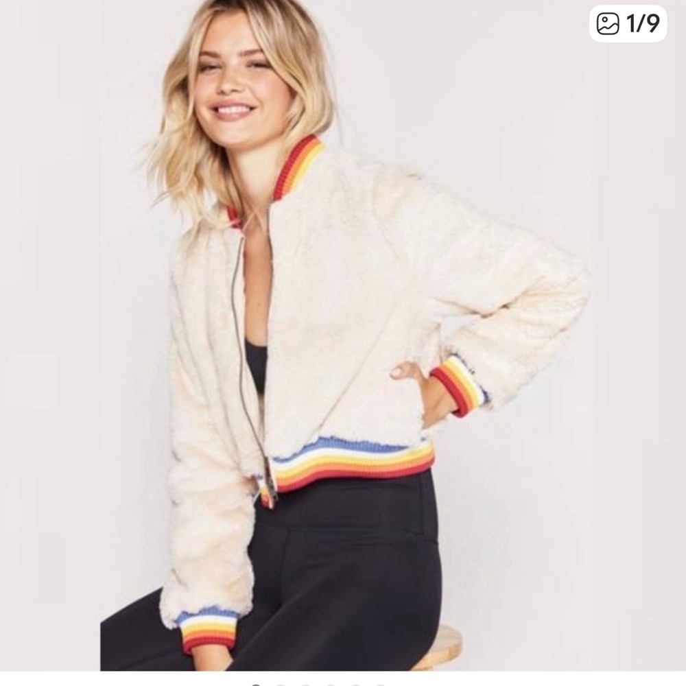 Spiritual Gangster Faux Fur Bomber Jacket with Rainbow Trim
